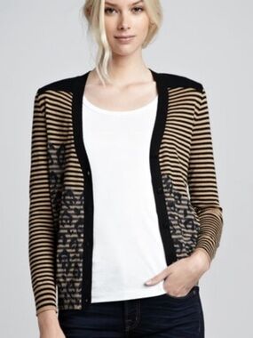 Tory Burch Wool Cardigan Black Tan Stripe Logo Button Knit Large